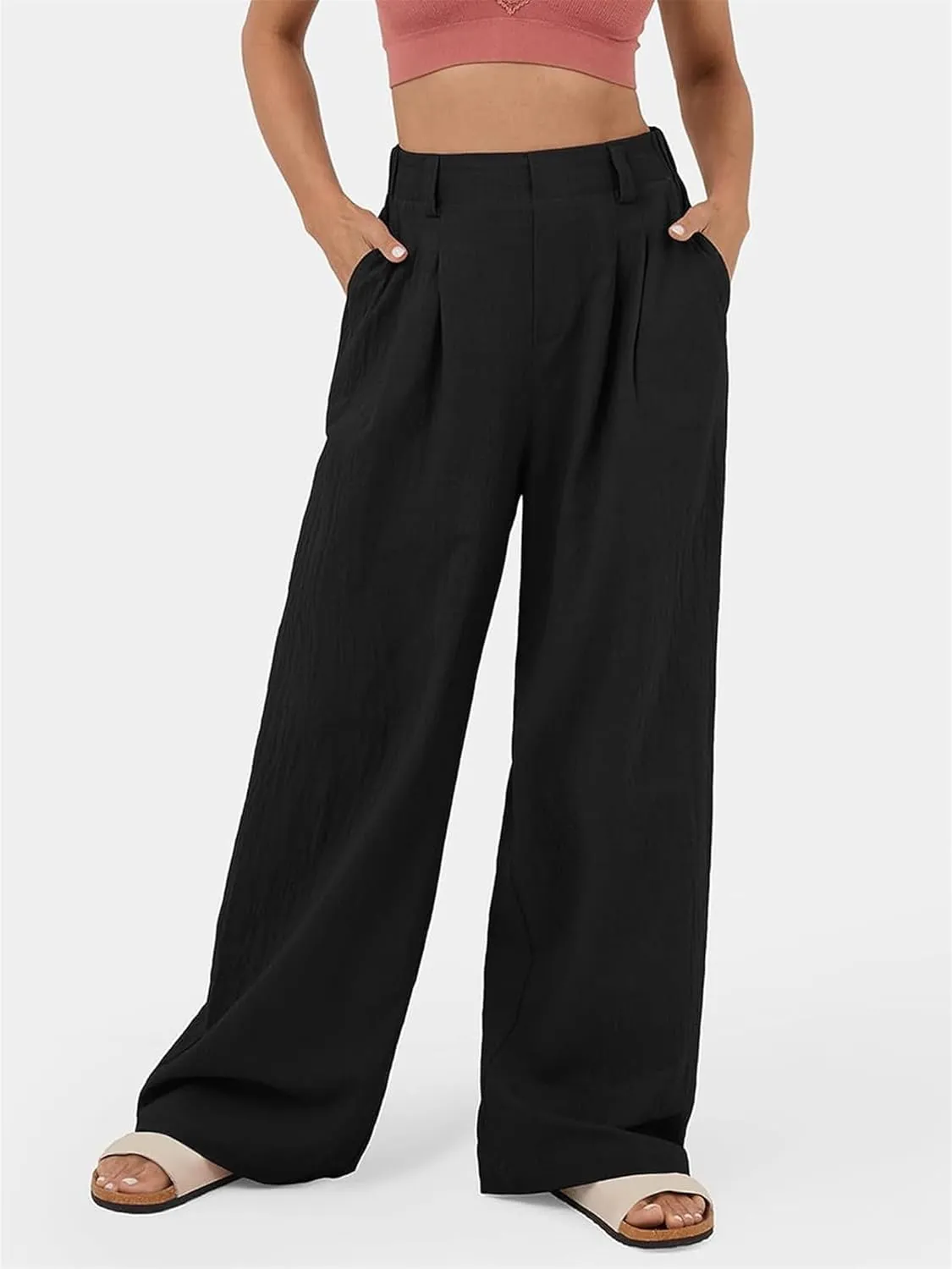 Womens Suit Pants Casual Elastic High Waisted Wide Leg Pants Baggy Stretch Comfy Straight Trousers with Pockets