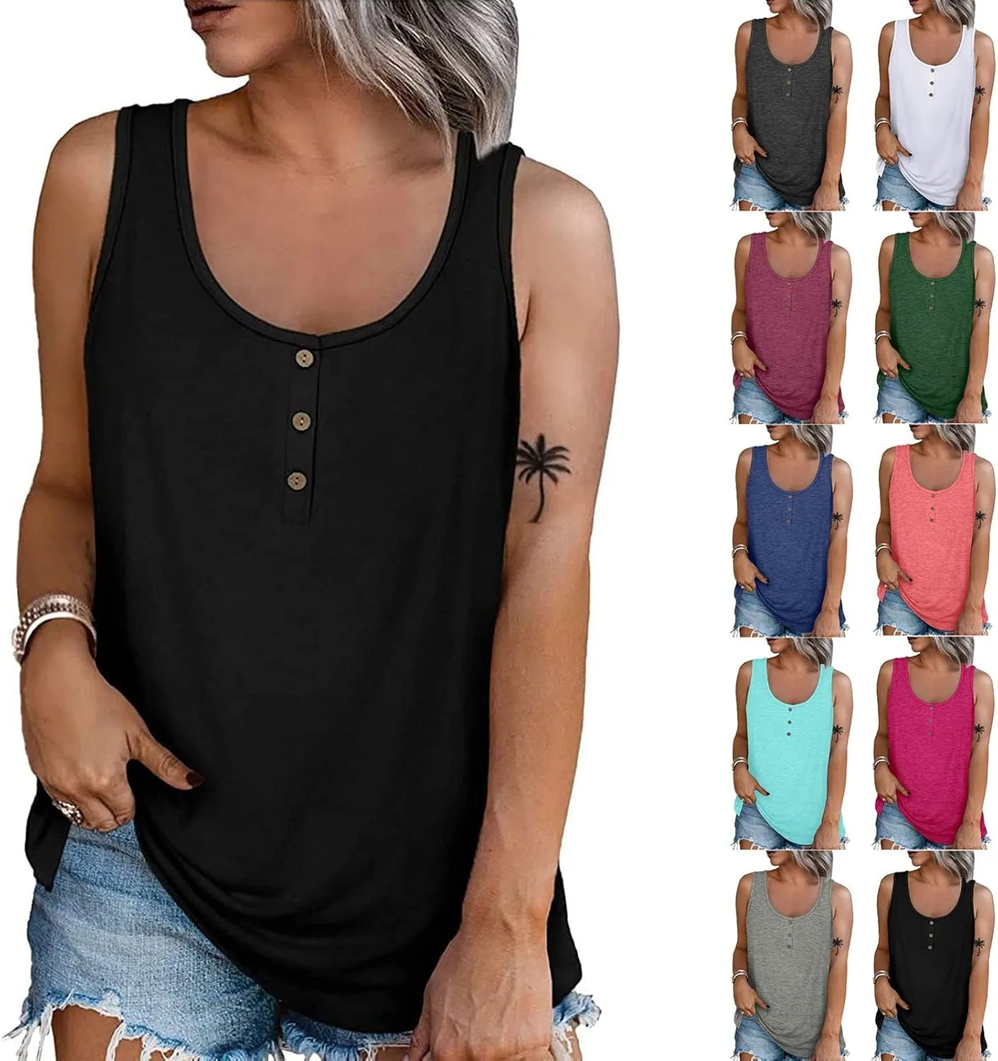 Womens Tank Top Loose Fit Casual Crew Neck Sleeveless Button T Shirts Plus Size 4Th of July Summer Tops