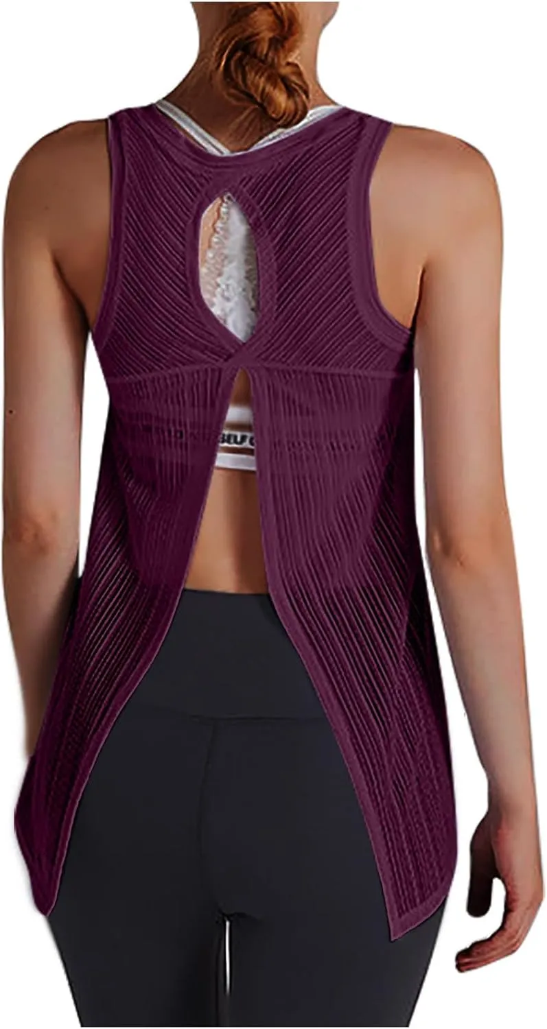 Workout Tank Tops for Women Summer Mesh Hollow Out Crew Neck Sleeveless Shirts Casual Fashion Yoga Quick Dry Blouse