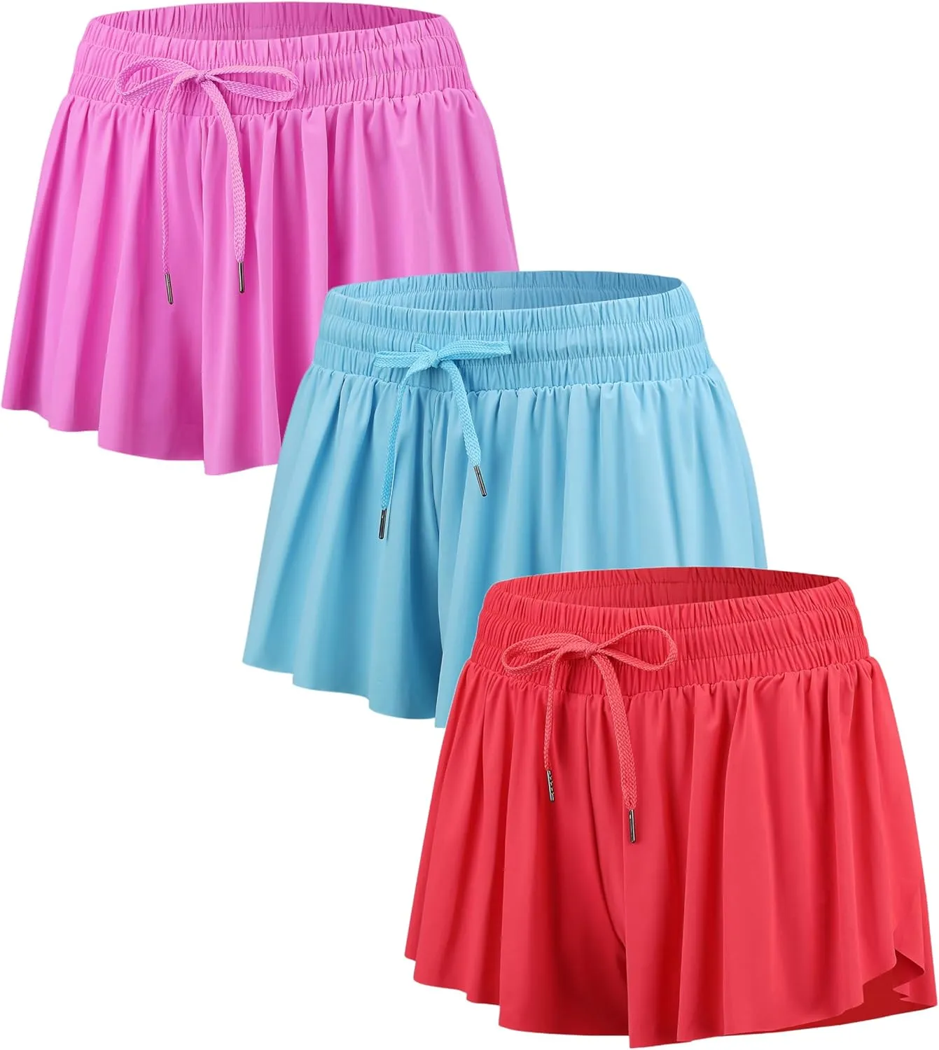 Yknktstc 3 Pack Womens 2 in 1 Flowy Running Shorts with Pockets Gym Yoga Athletic Workout Biker Spandex Lounge Sweat Skirt