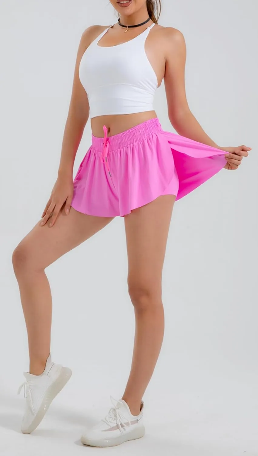 Yknktstc 3 Pack Womens 2 in 1 Flowy Running Shorts with Pockets Gym Yoga Athletic Workout Biker Spandex Lounge Sweat Skirt