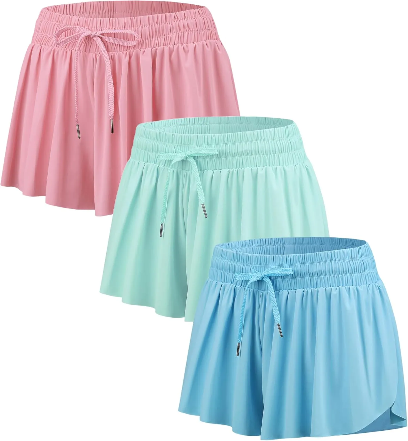 Yknktstc 3 Pack Womens 2 in 1 Flowy Running Shorts with Pockets Gym Yoga Athletic Workout Biker Spandex Lounge Sweat Skirt