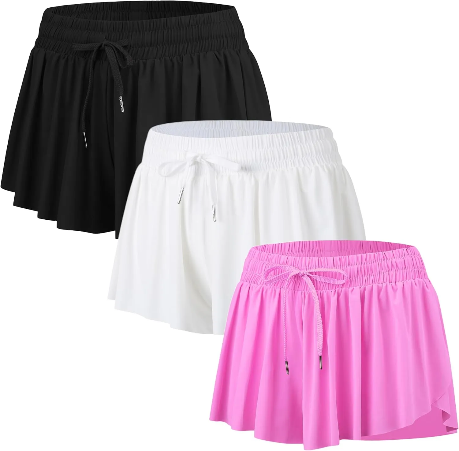 Yknktstc 3 Pack Womens 2 in 1 Flowy Running Shorts with Pockets Gym Yoga Athletic Workout Biker Spandex Lounge Sweat Skirt